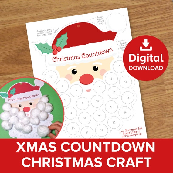 Santa's Beard Cotton Ball Craft, Children's Christmas Countdown Advent Calendar, Kids Count Down to Xmas Colouring Gift Activity Printable