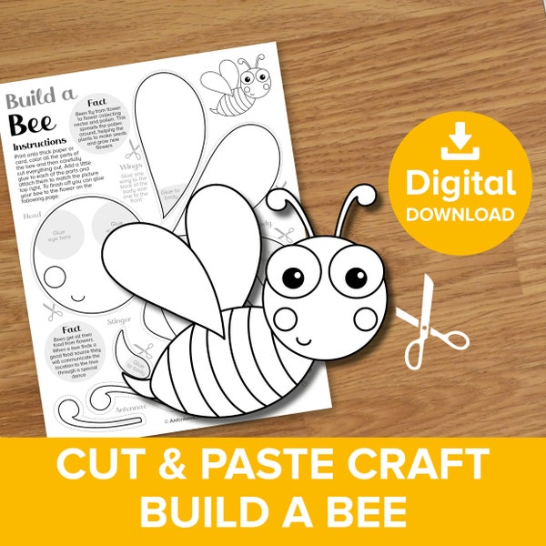 Bee Cut & Paste Craft Printable, Spring Bug Color and Build Kit, Summer Garden Flower Honey Bee Model, Backyard Insect Art Activity Template