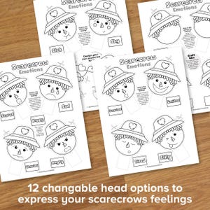 May include: A printable set of 12 black and white scarecrow head cutouts with different facial expressions. The text "Scarecrow Emotions" is at the top of each page. The text "How is the scarecrow feeling?" is included on each page. The text "12 changeable head options to express your scarecrows feelings" is at the bottom of the image.