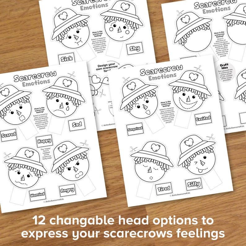 May include: A printable set of 12 black and white scarecrow head cutouts with different facial expressions. The text "Scarecrow Emotions" is at the top of each page. The text "How is the scarecrow feeling?" is included on each page. The text "12 changeable head options to express your scarecrows feelings" is at the bottom of the image.