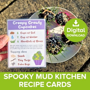 Tarjetas de recetas de cocina de barro para Halloween, paquete de juego de rol de cocina al aire libre, póster de menú de comida de juego de monstruo desordenado, chef de jardín espeluznante imprimible