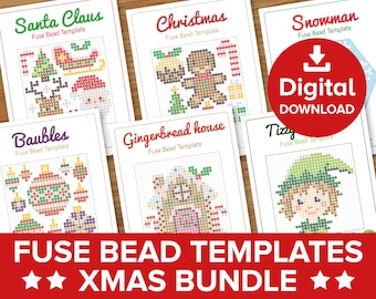 Christmas Fuse Bead Templates, Xmas Tree Decoration Craft Pattern Gift, Hama Perler Pyssla Present Santa Gingerbread Elf Tutorial Printable