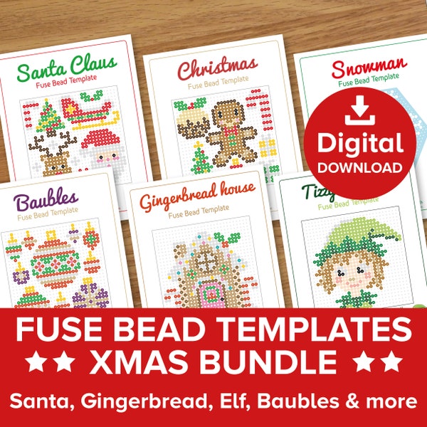 Christmas Fuse Bead Templates, Xmas Tree Decoration Craft Pattern Gift, Hama Perler Pyssla Present Santa Gingerbread Elf Tutorial Printable