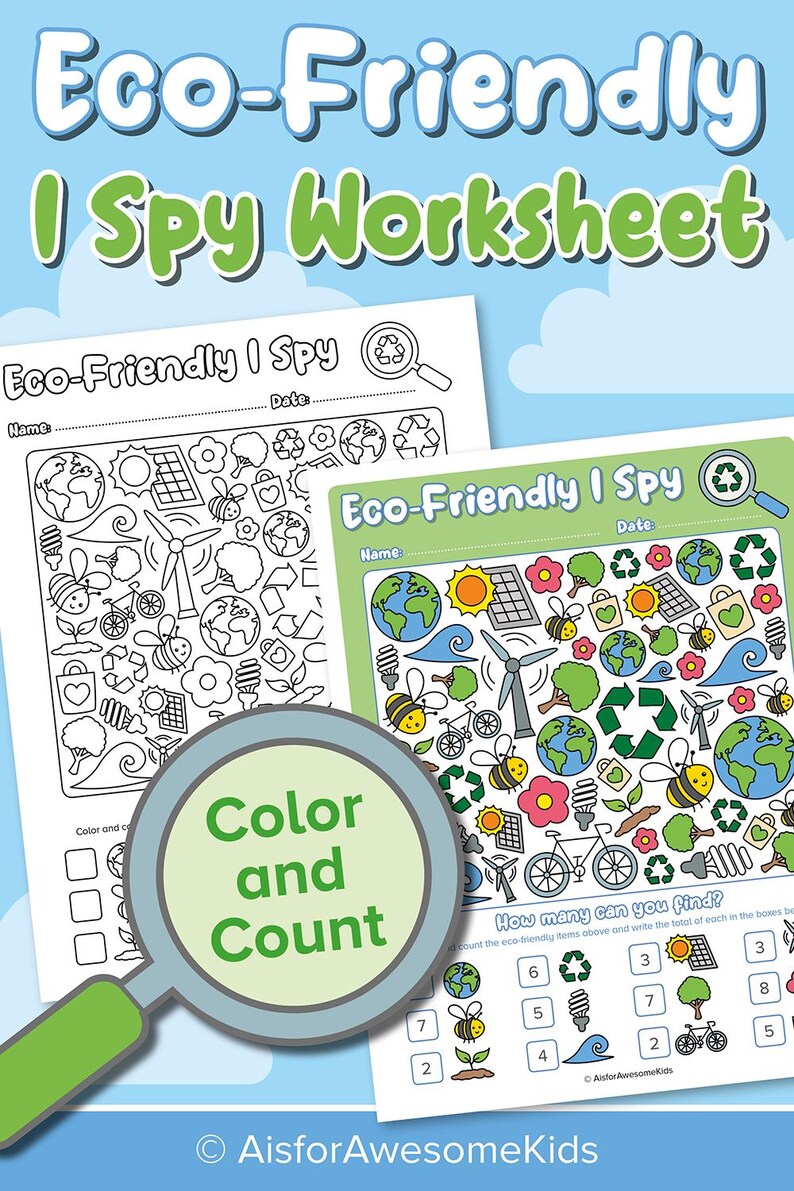May include: Black and white printable worksheet with two "I Spy" games featuring eco-friendly items. The first game has a black and white image with a magnifying glass. The second game has a colored image with a magnifying glass. The worksheet also has a section for coloring and counting the eco-friendly items.