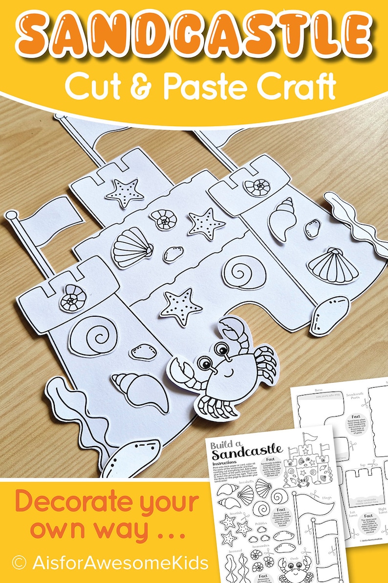 Sandcastle Cut & Paste Craft Printable, Beach Castle Color Build Kit ...