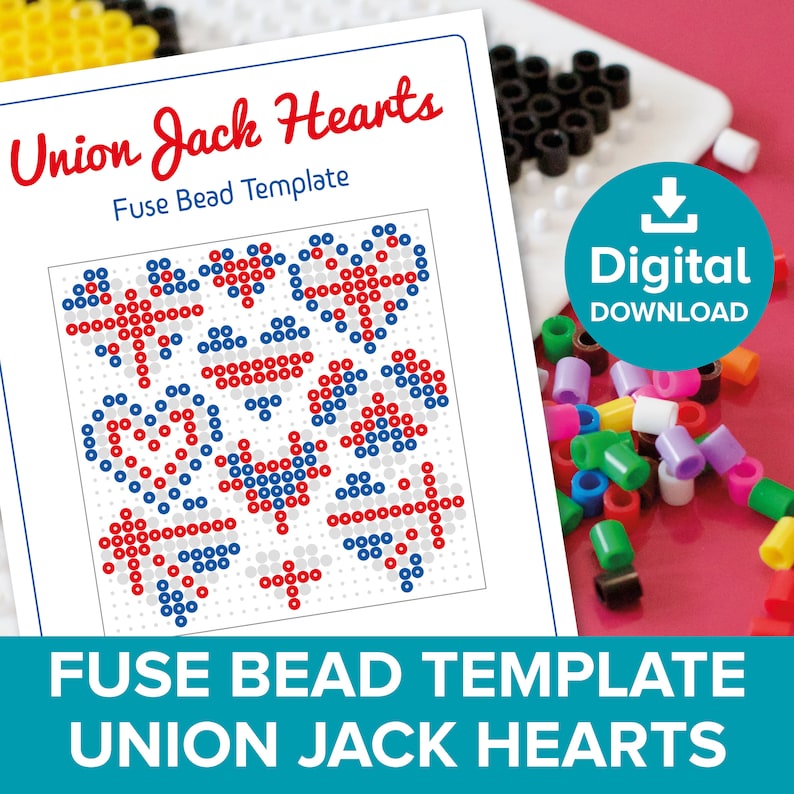 Union Jack Hearts Fuse Bead Template, Love England UK Flag Craft, Hama
