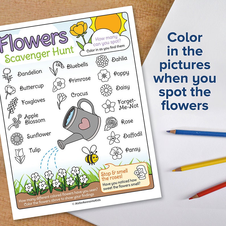Flowers Scavenger Hunt, Kids Coloring Treasure Trail, Children's