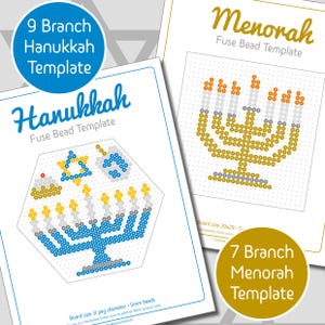 May include: Two printable templates for making Hanukkah menorahs with fuse beads. The first template is for a 9-branch menorah and the second is for a 7-branch menorah. Both templates include instructions for the board size and bead size.
