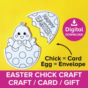 Carte de voeux à imprimer avec un poussin de Pâques, découpes d'oeufs décorés et créations colorées, kit d'étiquettes cadeaux de printemps faites main, projet d'activité artistique bricolage mignon