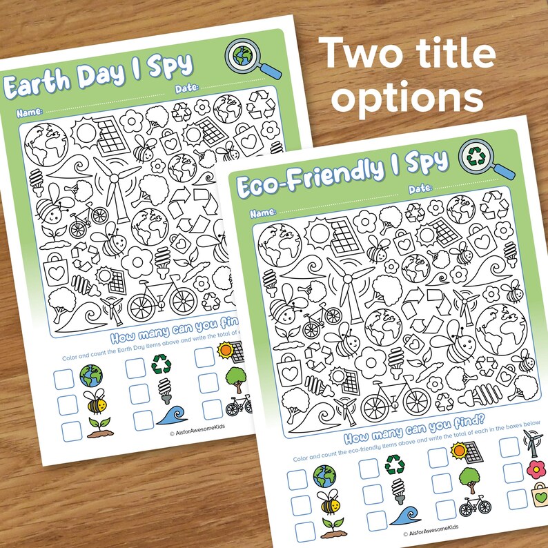 May include: Black and white printable Earth Day I Spy activity sheet with a hidden picture puzzle. The sheet includes a list of Earth Day items to find, such as a bee, a lightbulb, a tree, a bicycle, a wave, and a recycling symbol. The sheet also includes a title, "Earth Day I Spy", and a space for a name and date.