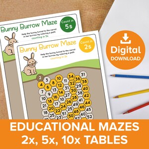 Spring Math Maze Times Table Worksheets, Children&#39;s Maths Challenge Rabbit Counting Activity Pack, Bunny Burrow Educational Kids Printable