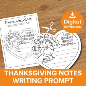 Puede incluir: Notas de acción de gracias imprimibles con un diseño de pavo. Las notas dicen "¡Estoy agradecido por ti!" y "Estoy agradecido por ti porque..." con espacio para escribir.