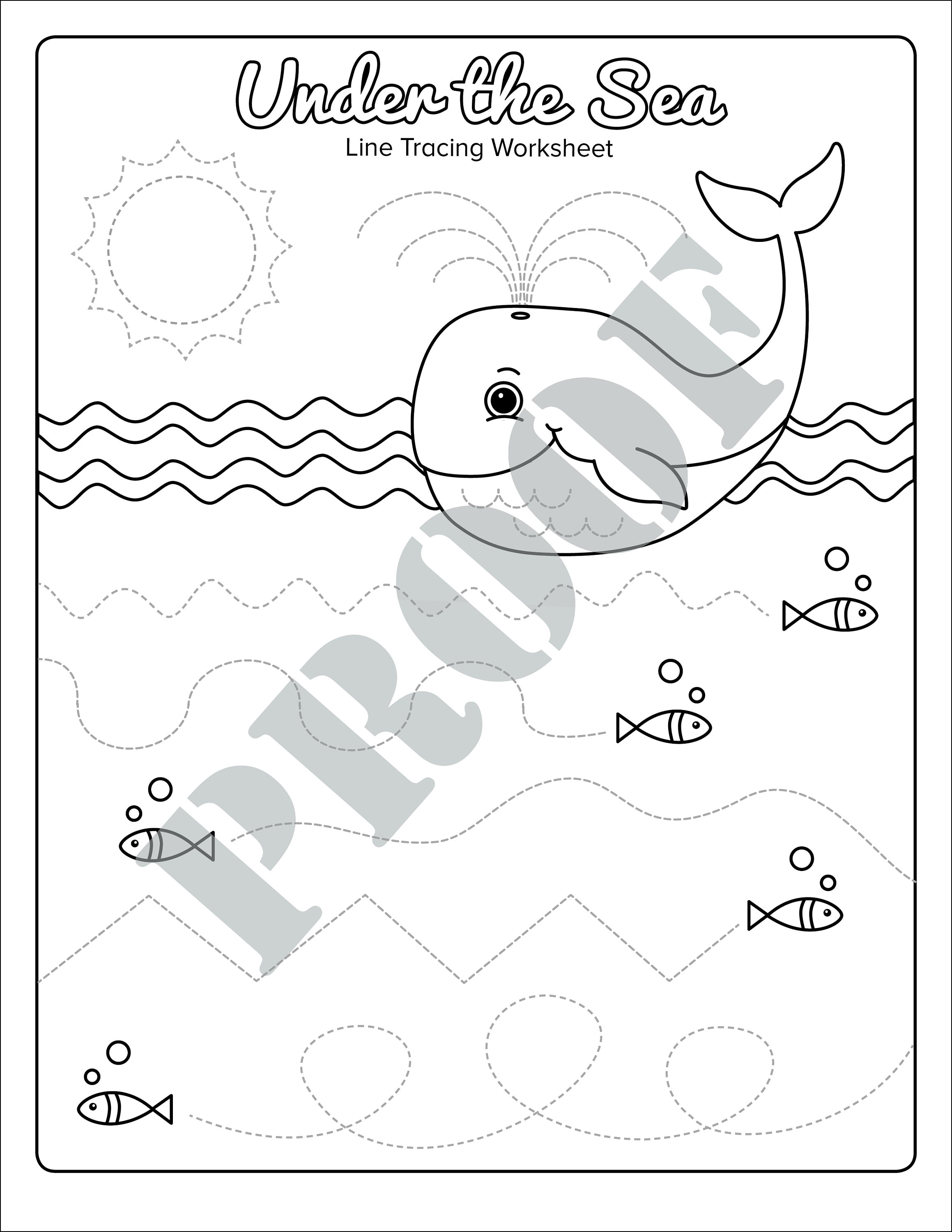 Under the Sea Line Tracing Worksheet, Kids Whale Coloring Pencil