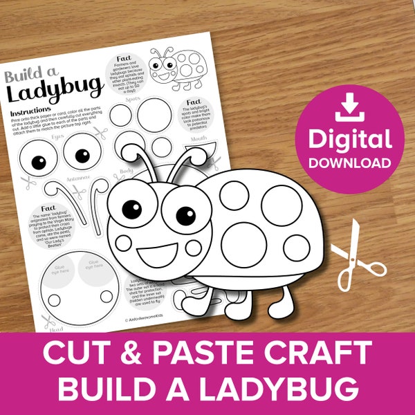 Ladybug Cut & Paste Craft Printable, Spring Bug Color and Build Kit, Summer Garden Ladybird Model, Backyard Insect Art Activity Template PDF