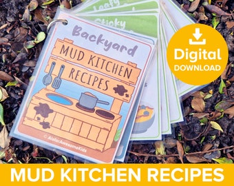 Mud Kitchen Recipe Cards, Kids Outdoor Nature Cooking Role Play Pack, Messy Play Food Menu Poster Garden Chef Recipes Kit Printable Activity