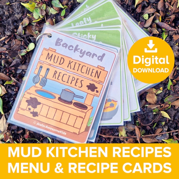Mud Kitchen Recipe Cards, Kids Outdoor Nature Cooking Role Play Pack, Messy Play Food Menu Poster Garden Chef Recipes Kit Printable Activity