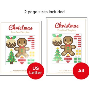 K&ouml;nnte beinhalten: Zwei druckbare Weihnachts-Perlen-Vorlagen, eine im US-Letter-Format und eine im A4-Format. Jede Vorlage zeigt eine Lebkuchenfigur, einen Weihnachtsbaum, einen Zuckerstock und einen Weihnachtspudding.