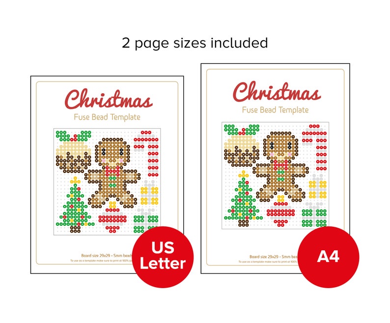 K&ouml;nnte beinhalten: Zwei druckbare Weihnachts-Perlen-Vorlagen, eine im US-Letter-Format und eine im A4-Format. Jede Vorlage zeigt eine Lebkuchenfigur, einen Weihnachtsbaum, einen Zuckerstock und einen Weihnachtspudding.