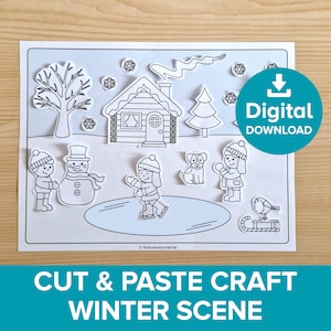 以下が含まれることがあります： 白黒の印刷可能な冬景色カットアンドペーストクラフトアクティビティ。シーンには、小屋、雪だるま、木、スケートの池、犬、子供2人、鳥、そりが含まれています。画像には、「デジタルダウンロード」と「カットアンドペーストクラフト冬景色」のテキストが含まれています。