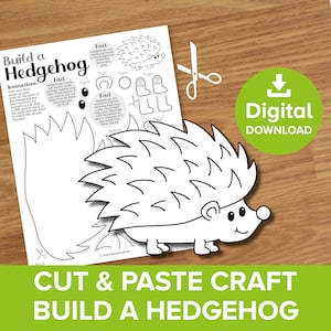 May include: A printable cut and paste craft activity to build a hedgehog. The printable includes a black and white outline of a hedgehog, along with separate pieces for the eyes, nose, legs, and spines. The printable also includes fun facts about hedgehogs.