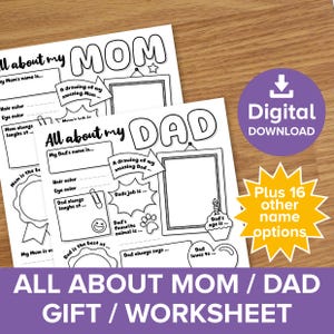 All About My... Mom Dad Worksheets, Grandparent Fact File Keepsake, Mother's Father's Day Gift Printable,  Birthday Writing Prompt Activity