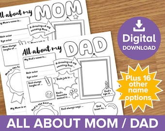 All About My... Mom Dad Worksheets, Grandparent Fact File Keepsake, Mother's Father's Day Gift Printable,  Birthday Writing Prompt Activity