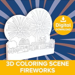May include: A printable 3D coloring scene featuring a town with houses and trees against a backdrop of fireworks. The scene is designed to be cut out and assembled into a 3D model.