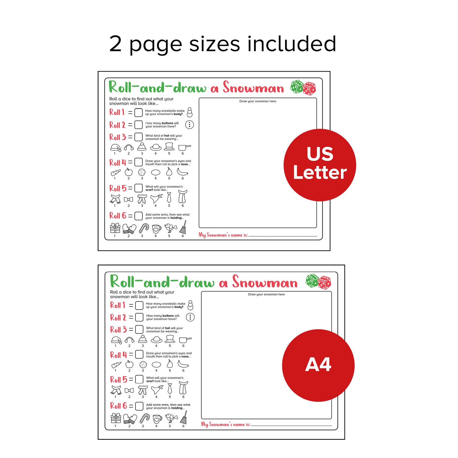 Roll & Draw a Snowman Drawing Prompt Activity, Kids Christmas Dice Game ...