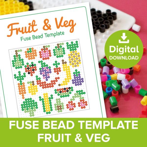 Fruit & Veg Fusible Bead Template, Hama Perler Nabbi Melty Beads, Kids Healthy Vegetables Mini Play Food Craft Small World Doll House Printable