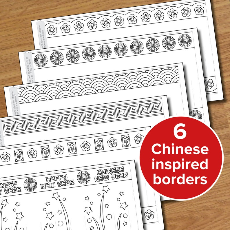 Op de afbeelding: Zes printbare Chinese-ge&iuml;nspireerde randontwerpen voor knutselen en projecten. De randen bevatten traditionele patronen zoals bloemen, geometrische vormen en golven. De tekst "Chinees Nieuwjaar" en "Gelukkig Nieuwjaar" is opgenomen in het ontwerp.