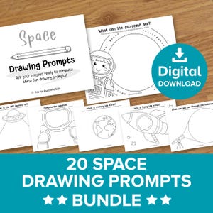 May include: A printable set of 20 space-themed drawing prompts for kids. The prompts include drawing an astronaut, a UFO, a rocket, a telescope, and more. The text "20 SPACE DRAWING PROMPTS BUNDLE" is at the bottom of the image.
