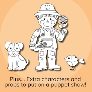 May include: Black and white line art illustration of a scarecrow holding a sunflower, a dog, and a bird.  The scarecrow is wearing a hat and overalls.  The dog is sitting on the ground.  The bird is flying in the air.  Plus... Extra characters and props to put on a puppet show!