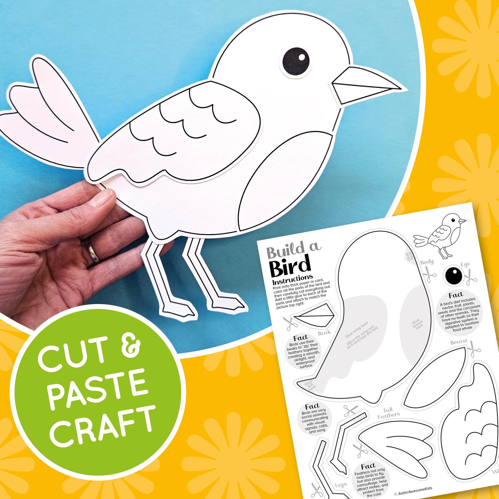 Bird Cut & Paste Craft Printable, Build a Spring Animal Coloring Page ...
