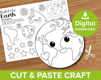 Build the Earth Cut & Paste Craft Printable, Earth Day Educational Art Kit, Save the Planet Eco Worksheet, Climate Action World Coloring