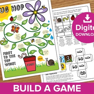 Puede incluir: Un juego de mesa imprimible para niños llamado "Bug Hop". El tablero del juego presenta una flor con un insecto en cada pétalo. El juego incluye una plantilla de dados e instrucciones para construir un juego.
