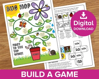 Bug Hop Nature Game Board, Kids Make Your Own Dice, Childrens Insects Coloring Activity, Spring Summer Garden Printable Activities Download