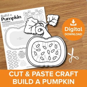 May include: A printable cut and paste craft activity to build a pumpkin. The craft includes a pumpkin outline, stem, leaves, seeds, and fibrous strands. The instructions include a fact about pumpkins and how many seeds they can contain.