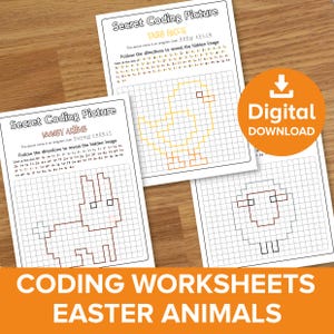 Puede incluir: Tres hojas de trabajo imprimibles para que los niños practiquen habilidades de codificación. Cada hoja de trabajo presenta una cuadrícula con una imagen de animal de Pascua oculta. Las instrucciones incluyen un código a seguir para revelar la imagen. Los animales son un conejo, un pollito y un cordero.