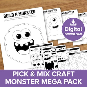 Machen Sie ein Monster Mega Pack, Alien Pick & Mix Craft Printable, Halloween Party Cut Paste Kunstaktivität, gruselige Kreatur Zeichnung Prompt Vorlage