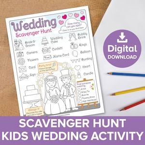 Wedding Scavenger Hunt, Marriage Treasure Hunt, Kids Bride & Groom Reception Party Coloring Activity Pack, Find Color Challenge Printable