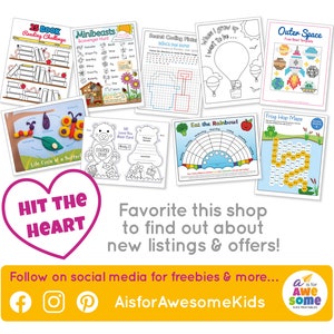 K&ouml;nnte beinhalten: Eine Sammlung von druckbaren Arbeitsbl&auml;ttern f&uuml;r Kinder mit Themen wie Lesen, Minibestien, Programmieren, Weltraum und mehr. Die Bl&auml;tter sind bunt und ansprechend gestaltet, mit Illustrationen und Aktivit&auml;ten, die Kinder erledigen k&ouml;nnen. Der Text "Hit the Heart" und "Favorite this shop to find out about new listings & offers!" ist auf dem Bild zu sehen. Der Text "Follow on social media for freebies & more... AisforAwesomeKids" ist ebenfalls auf dem Bild zu sehen. Das Bild enth&auml;lt auch ein Logo f&uuml;r "A is for Awesome Kids Printables".