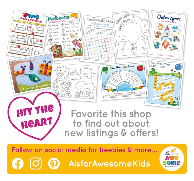 K&ouml;nnte beinhalten: Eine Sammlung von druckbaren Arbeitsbl&auml;ttern f&uuml;r Kinder mit Themen wie Lesen, Minibestien, Programmieren, Weltraum und mehr. Die Bl&auml;tter sind bunt und ansprechend gestaltet, mit Illustrationen und Aktivit&auml;ten, die Kinder erledigen k&ouml;nnen. Der Text "Hit the Heart" und "Favorite this shop to find out about new listings & offers!" ist auf dem Bild zu sehen. Der Text "Follow on social media for freebies & more... AisforAwesomeKids" ist ebenfalls auf dem Bild zu sehen. Das Bild enth&auml;lt auch ein Logo f&uuml;r "A is for Awesome Kids Printables".