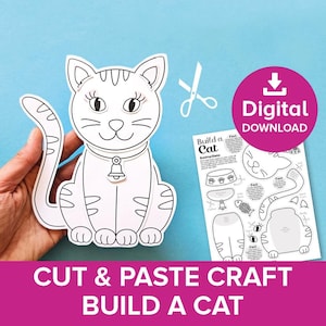 Może przedstawiać: Zestaw do wycinanek z papieru zawierający czarno-biały rysunek liniowy kota z obrożą z dzwonkiem oraz arkusz instrukcji zatytułowany Build a Cat z różnymi kształtami do wycięcia, takimi jak ość ryby, miska na karmę i części ciała kota.