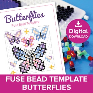 Butterflies Fuse Bead Template, Hama Perler Pyssla Magical Birthday Party Gift, Butterfly Decor Craft Pattern, Pixel Art Printable Activity