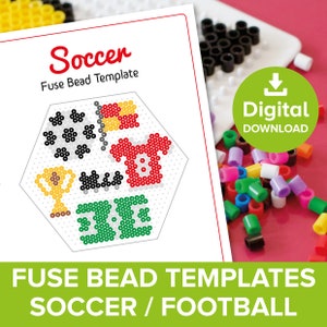 May include: A printable fuse bead template for a soccer design. The template features a soccer ball, jersey, trophy, and the words "3:1". The template is labeled "Soccer Fuse Bead Template" and "Digital Download".