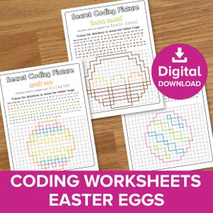 Può includere: Tre fogli di lavoro stampabili per i bambini per esercitarsi nelle capacità di codifica. Ogni foglio di lavoro presenta una griglia con un'immagine di uovo di Pasqua nascosta. Le istruzioni indicano all'utente di seguire una serie di istruzioni per rivelare l'immagine nascosta. Le immagini sono un uovo di Pasqua marrone, un uovo di Pasqua arcobaleno e un uovo di Pascua blu e giallo.