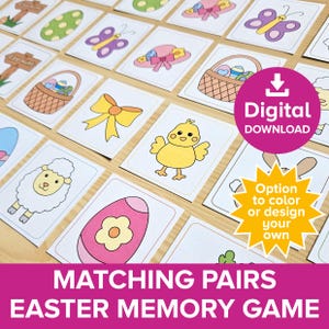 Könnte beinhalten: Ein druckbares Oster-Gedächtnisspiel mit 16 passenden Bildpaaren. Die Bilder beinhalten ein Küken, ein Häschen, einen Korb mit Eiern, eine Schleife, einen Hut, ein Ei, ein Schaf und ein Kleeblatt. Das Spiel ist so konzipiert, dass es vom Benutzer ausgemalt oder gestaltet werden kann.