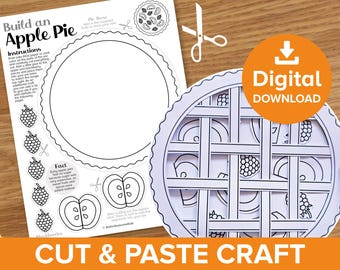 Build an Apple Pie Cut & Paste Craft, Fall Dessert Coloring Page Printable, Autumn Harvest Activity Kit, Apple and Blackberry Pudding Model