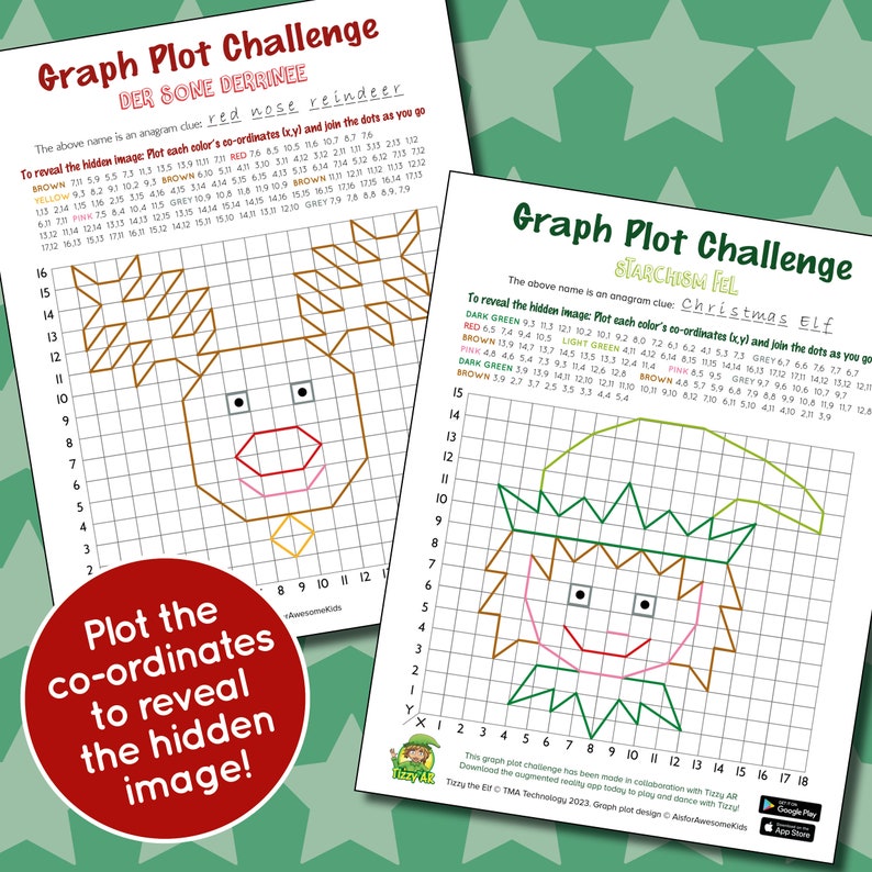 Pode incluir: Dois desafios de gr&aacute;fico imprim&iacute;veis. Um apresenta uma rena, o outro um elfo. Cada folha de trabalho tem uma grade, coordenadas e instru&ccedil;&otilde;es codificadas por cores para revelar uma imagem oculta. Inclui o texto: "Trace as coordenadas para revelar a imagem oculta!"