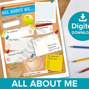 Alles over mij werkbladposter, persoonlijk informatieblad voor kinderen, formulier voor het invullen van gaten voor kinderen, leeractiviteit voor studenten thuis op het prikbord, digitaal afdrukbaar